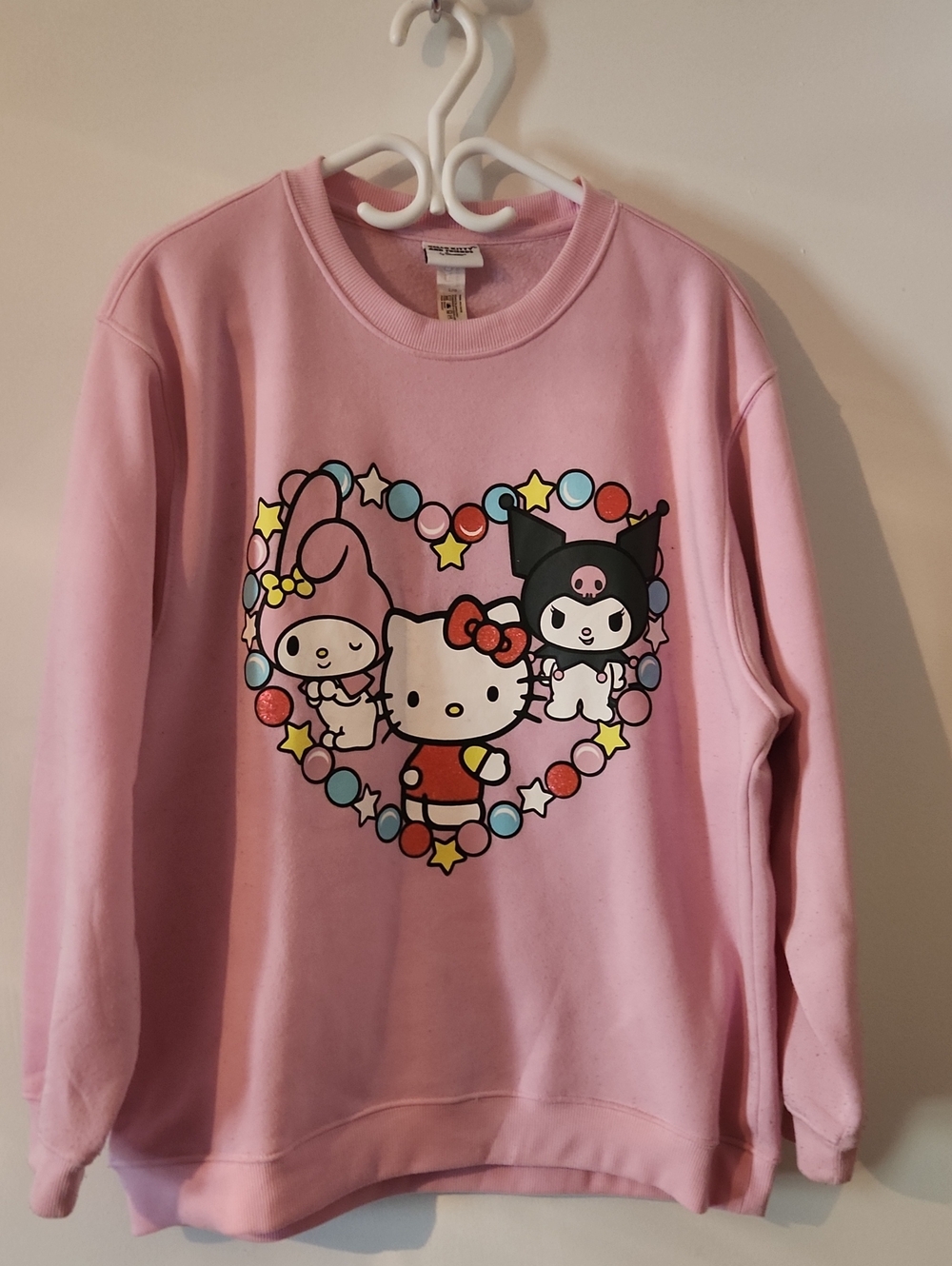 Hello Kitty Pink Crewneck Sweatshirt with My Melody & Kuromi Heart Graphic